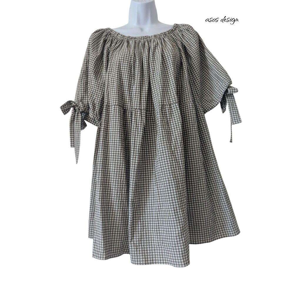 ASOS Design Gingham Smock Dress Womens US 6 Tie Sleeve Babydoll